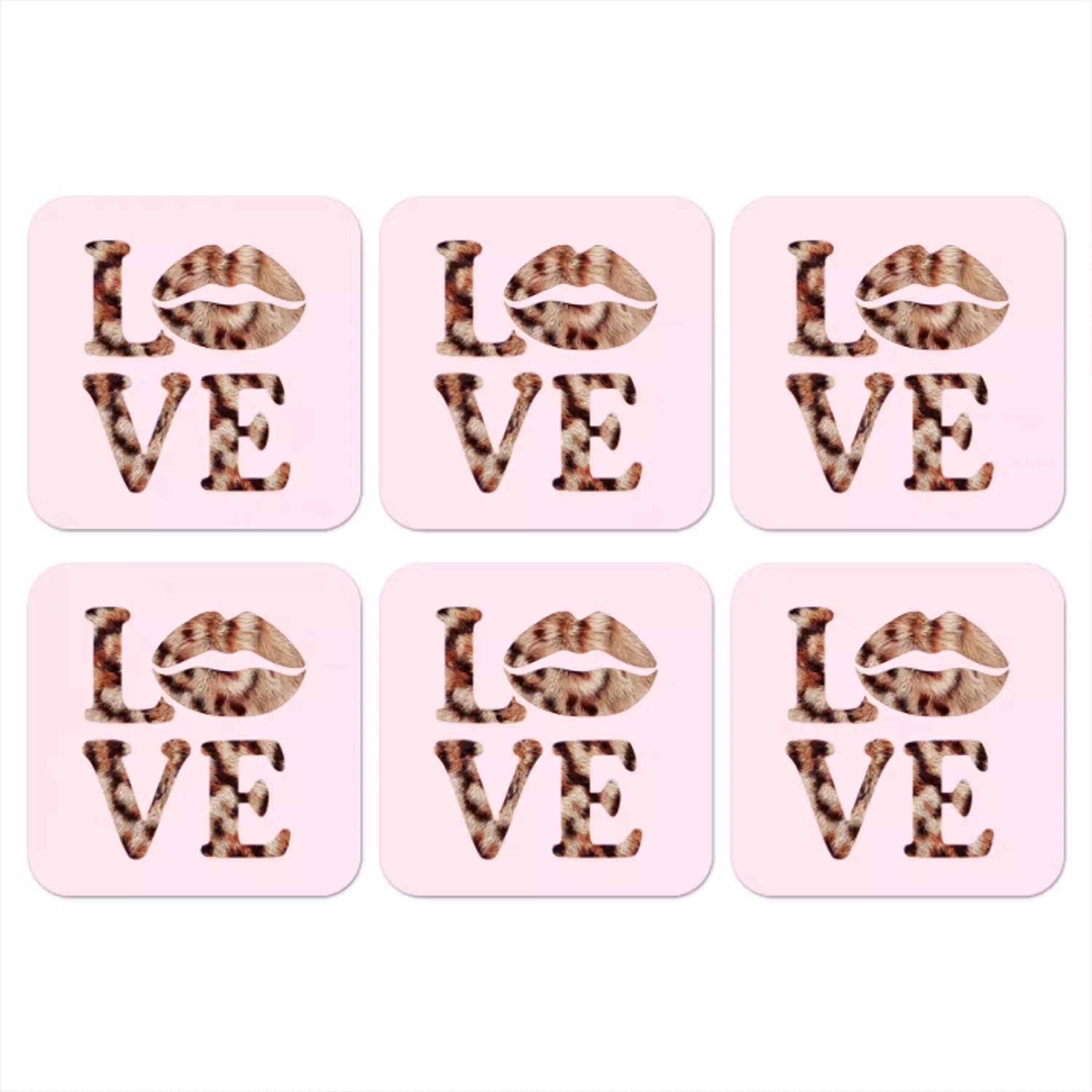 Tekst - Love - Pantervacht - Lichtroze onderzetter kurk middel -3d