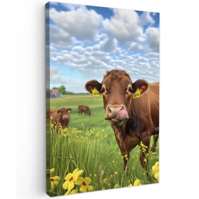 Koe - Weide - Bloemen Tuinposter op houten frame 2 cm dik klein -3d