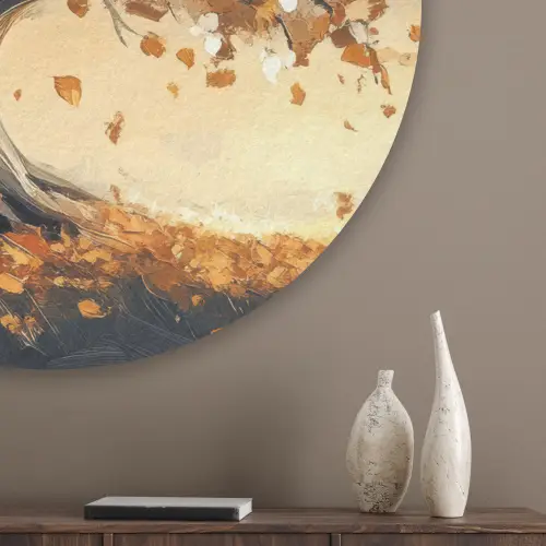 Herfst - Boom - Oranje - Bladeren - Levensboom - Abstract Akoestische PET Vilt - Rond klein -sfeer5_closeup