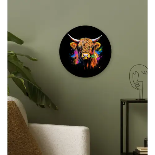 Schotse Hooglander - Graffiti - Kleurrijk - Bloem - Dieren Wandcirkel plexiglas klein -sfeer3