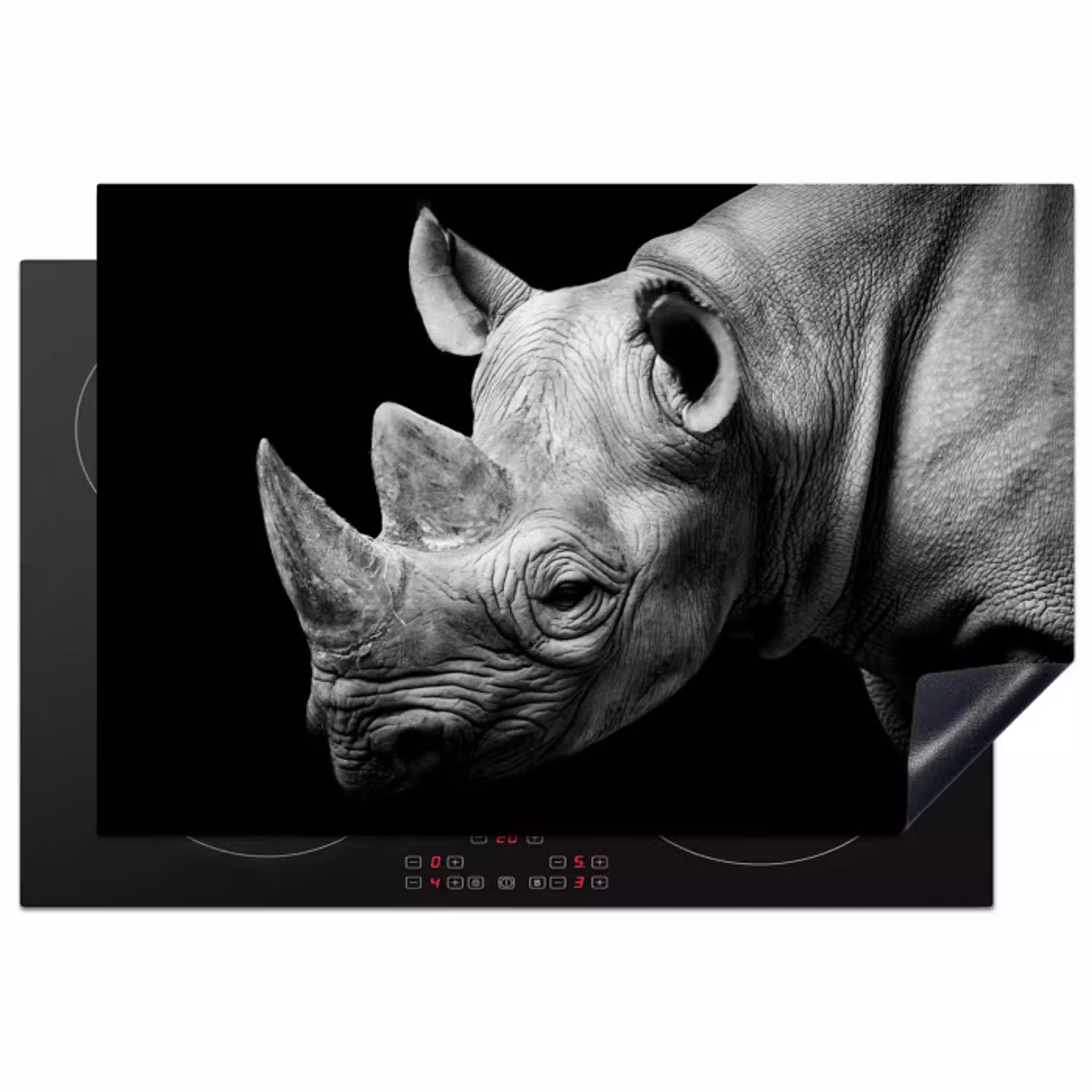 Dieren - Neushoorn - Zwart - Wit - Portret Inductie beschermer vinyl 3mm klein -3d