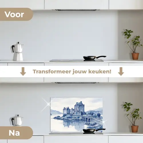 Schots - Kasteel - Blauw - Aquarel keuken achterwand spatscherm klein -voor_na_NL