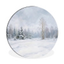 Bospad - Dennen - Sneeuw - Winter - Rustgevend Wandcirkel aluminium klein -3d