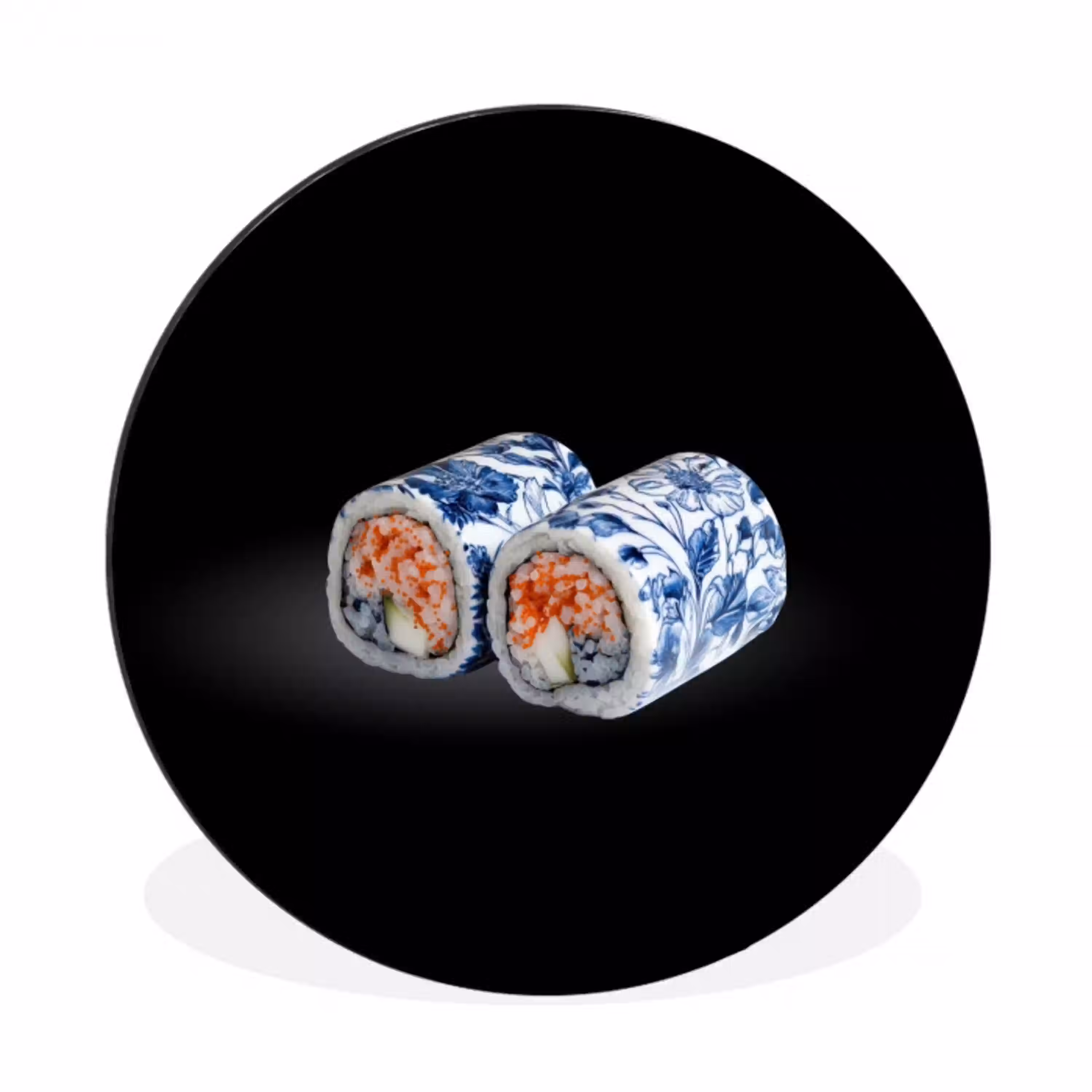 Sushi - Delfts blauw - Rijst - Vis - Elegant Wandcirkel aluminium klein -3d