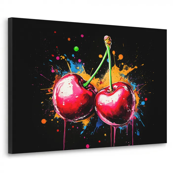 Kersen - Fruit - Graffiti - Verf - Abstract - Modern - Kleurrijk Textielframe zwart klein -3d