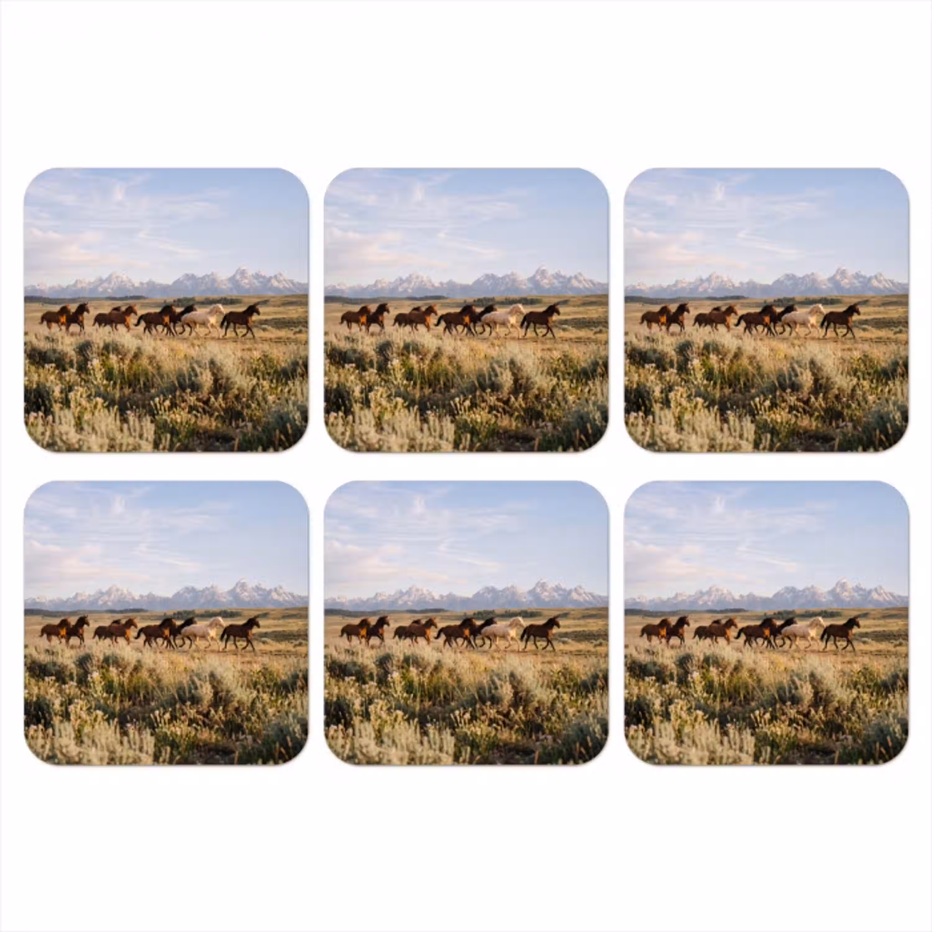 Paarden - Kudde - Bergen - Vrijheid - Wild onderzetter kurk middel -3d