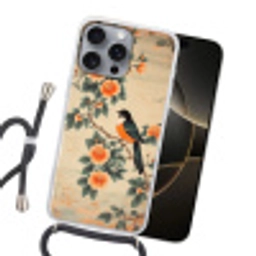 Vogel - Tak - Bloemen - Oranje Hoesje iPhone 16 Pro Max met koord klein -sfeer1