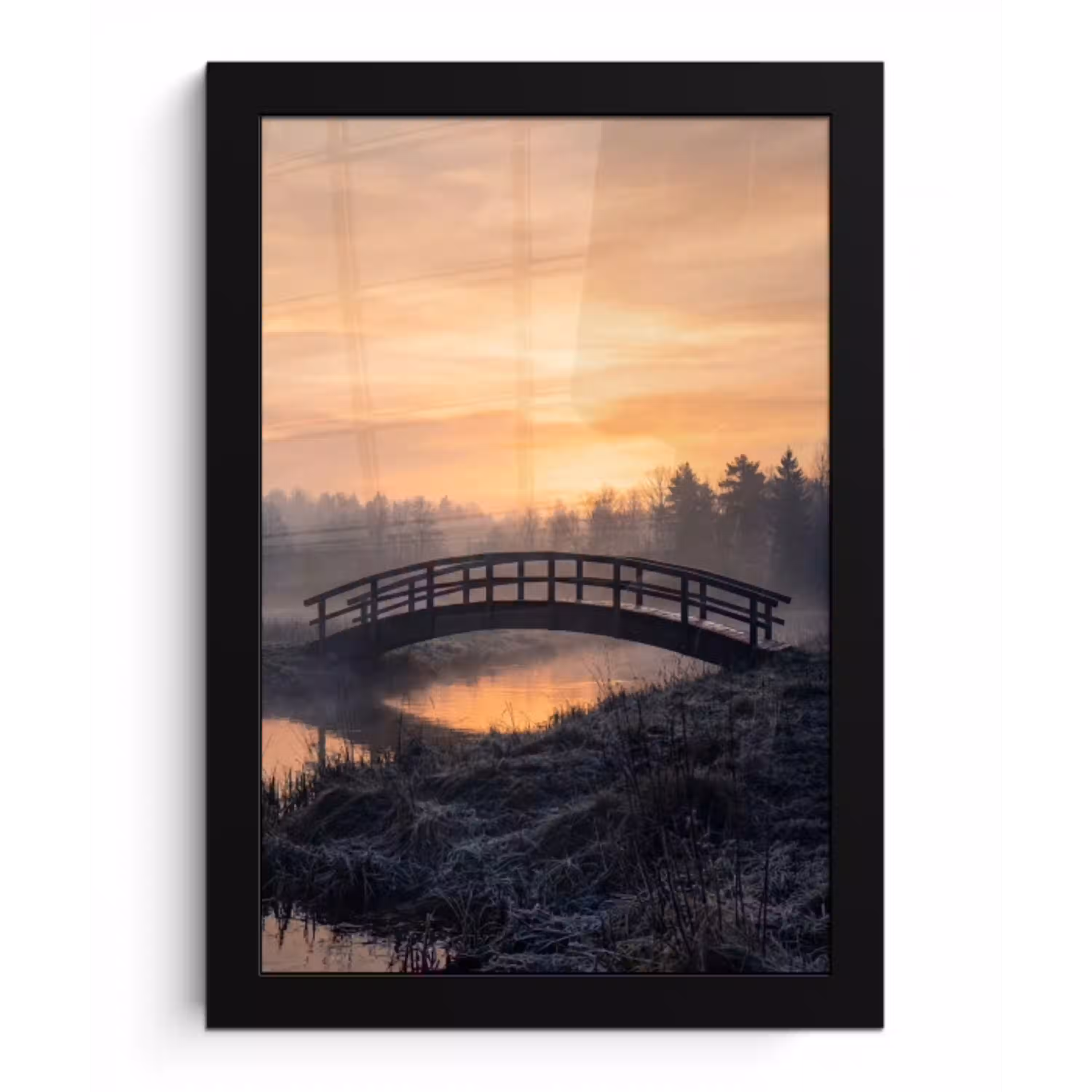 Brug - Mist - Bomen - Water fotolijst zwart zonder passe partout klein -3d
