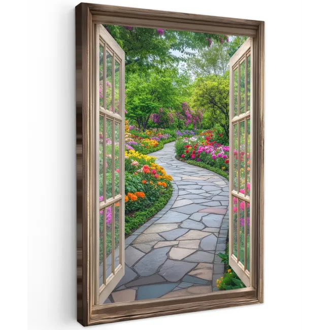 Doorkijk - Bloemen - Tuinpad - Natuur - Raam Tuinposter op houten frame 2 cm dik klein -3d