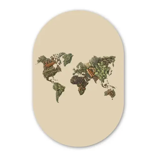 Wereldkaart - Kruiden - Kleurrijk Wandcirkel Ovaal Glas middel -3d