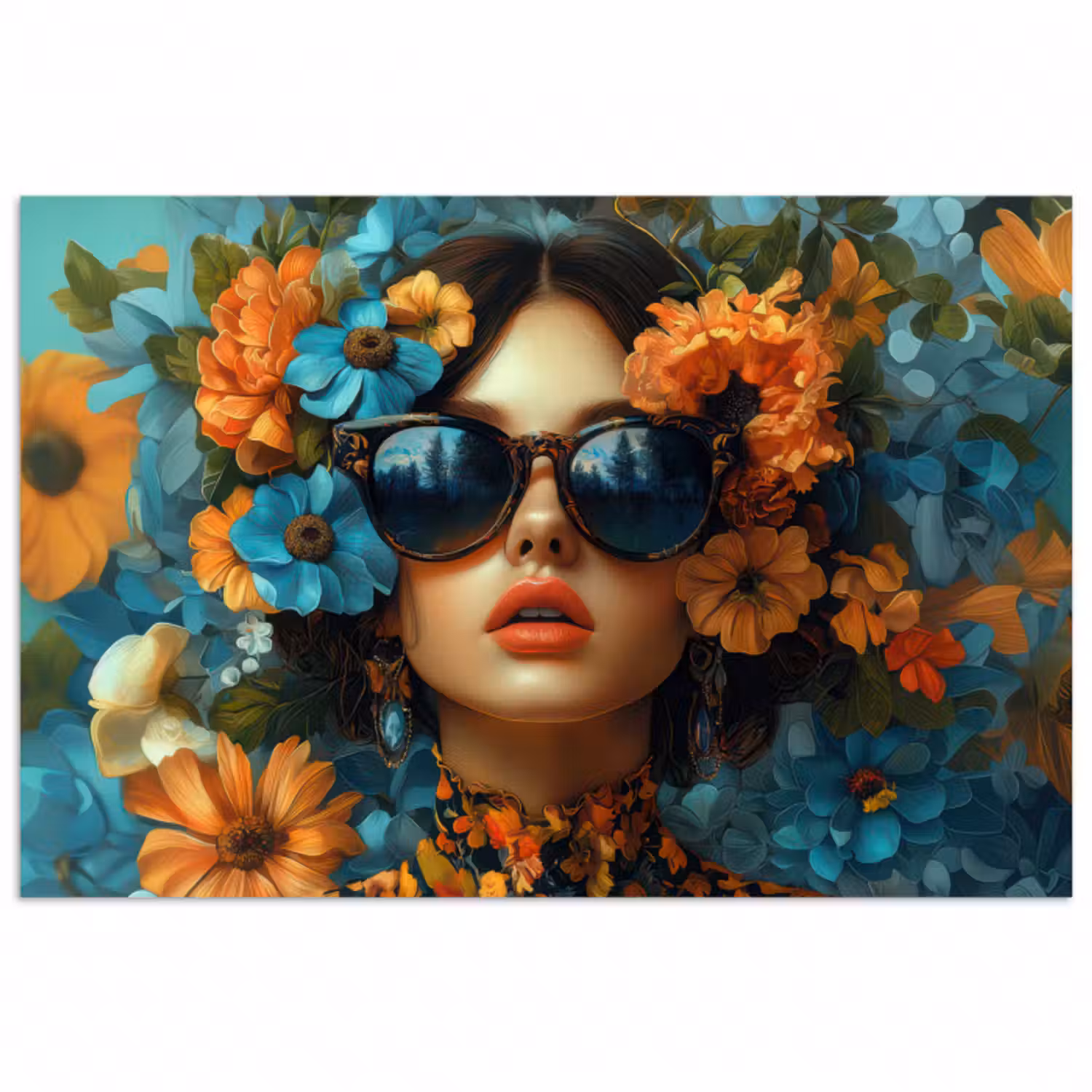 Poster - Frau - Blumen - Orange - Blau - Modern