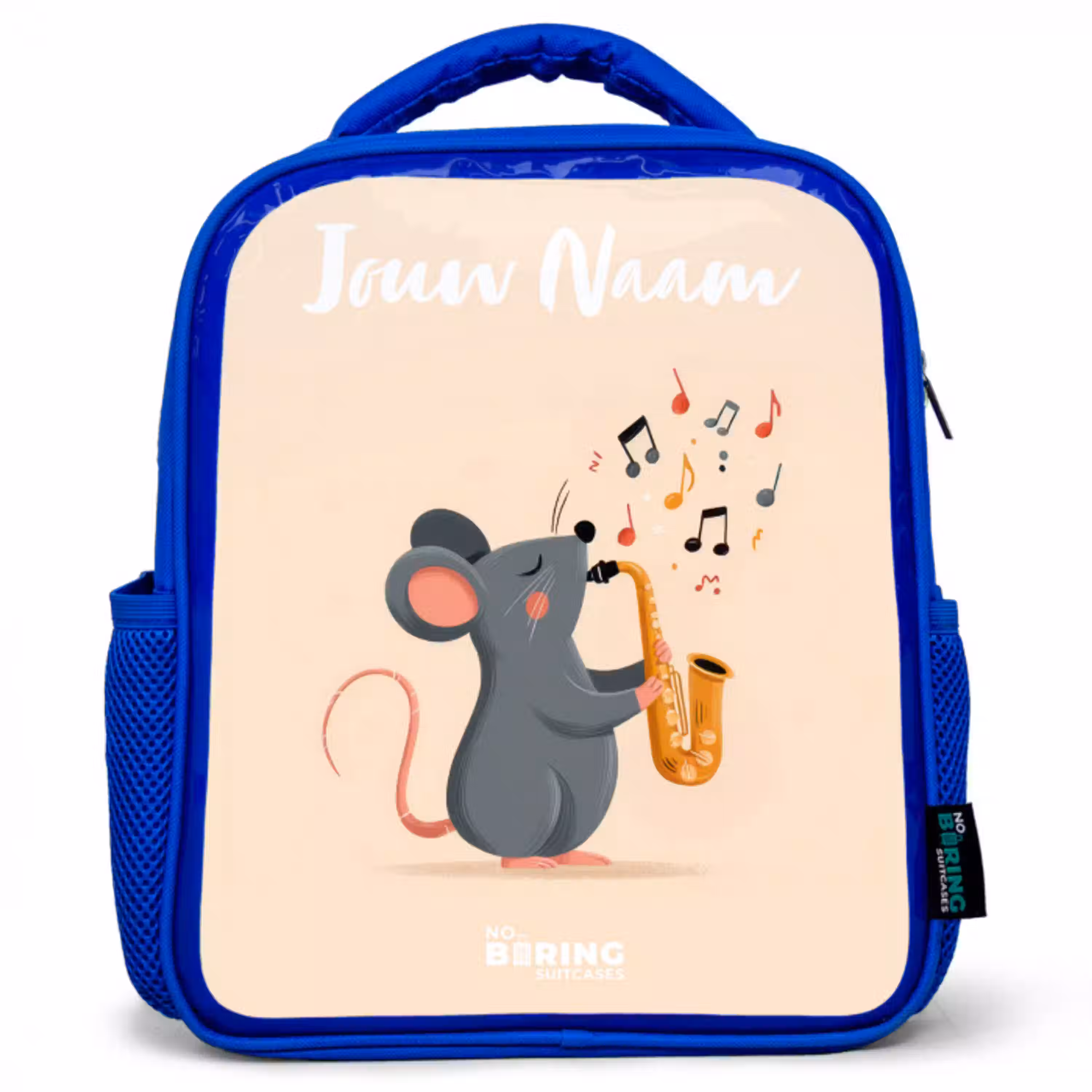 Muis - Saxofoon - Muziek Kinderrugzak - Blauw middel -3d