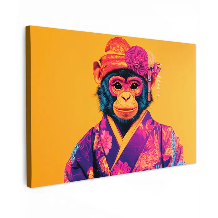 Aap - Kimono - Bloemen - Hoofdtooi Tuinposter op houten frame 2 cm dik klein -3d