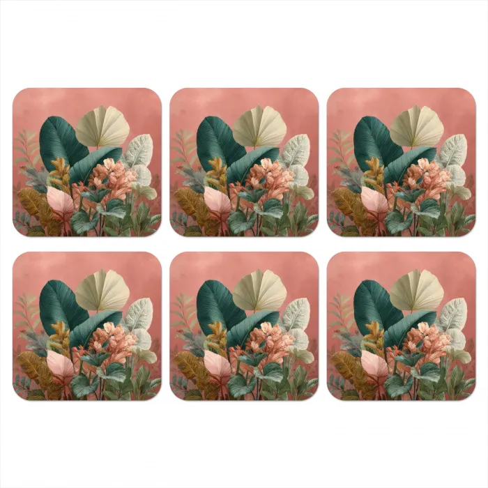 Tropische bladeren - Bloemen - Roze - groen onderzetter kurk middel -3d