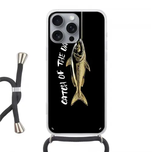 Vis - Zwart - Goud - Tekst Hoesje iPhone 16 Pro Max met koord klein -3d