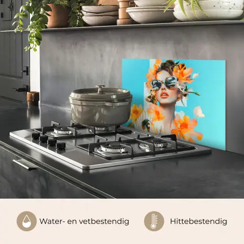 Bloemen - Vrouw - Zonnebril - Blauw keuken achterwand spatscherm klein -usp_NL