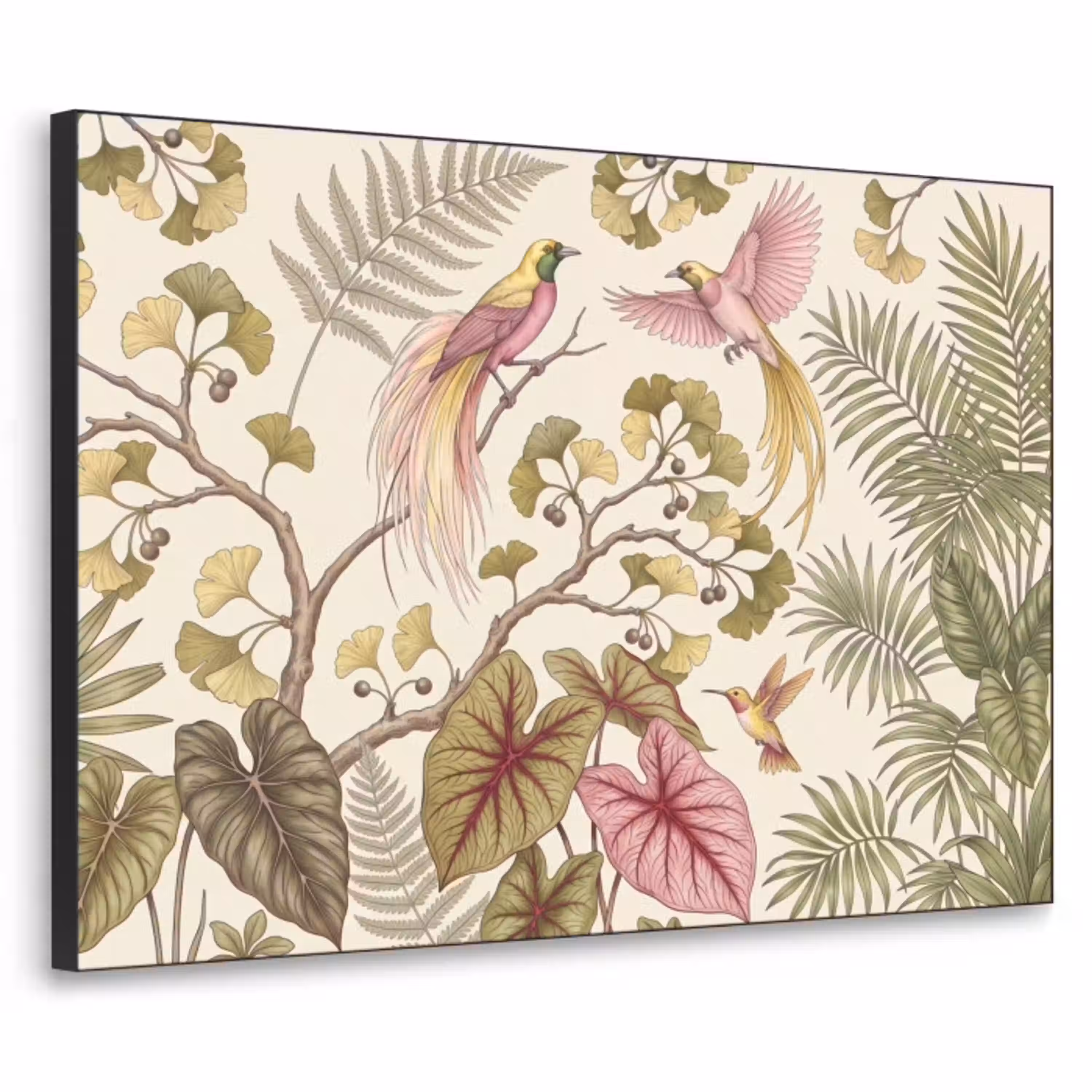 Vogels - Tropisch - Botanisch - Roze Textielframe zwart klein -3d
