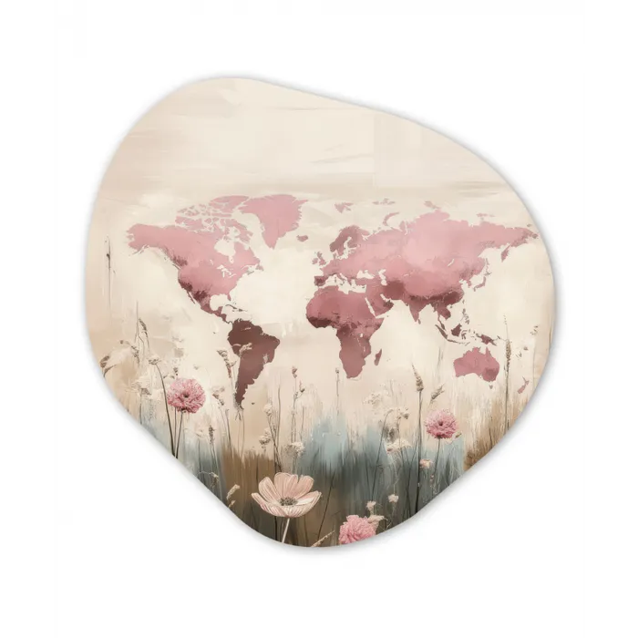 Wereldkaart - Roze - Bloemen Wandcirkel Organisch Plexiglas middel -3d