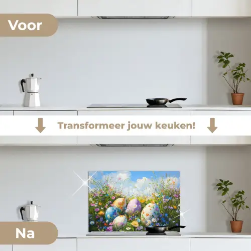 Grasveld - Eieren - Bloemen keuken achterwand spatscherm klein -voor_na_NL