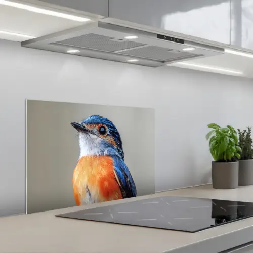 Kleurrijk - Vogeltje - Veren - Blauw keuken achterwand spatscherm klein -3d_schuin