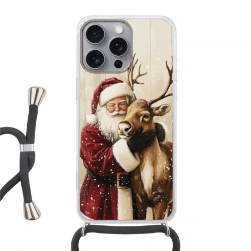 Kerstman - Rendier - Sneeuw - Kleurrijk Hoesje iPhone 16 Pro Max met koord klein -3d