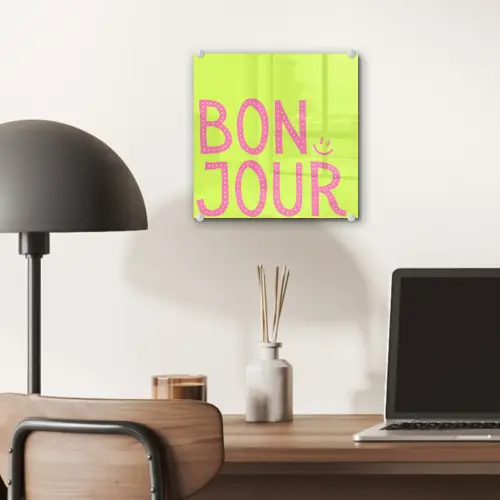 Groen - Smiley - Bonjour - Roze plexiglas 5mm klein -sfeer6