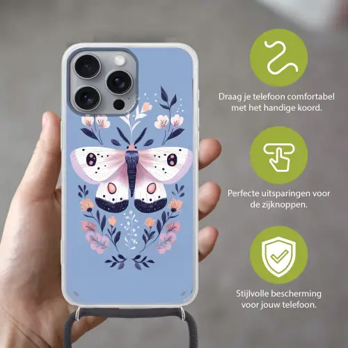 Vlinder - Vleugels - Stippen - Bloemen Hoesje iPhone 16 Pro Max met koord klein -sfeer2_NL