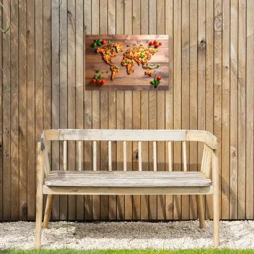 Wereldkaart - Pizza - Houten ondergrond Tuinposter op houten frame 2 cm dik klein -sfeer4