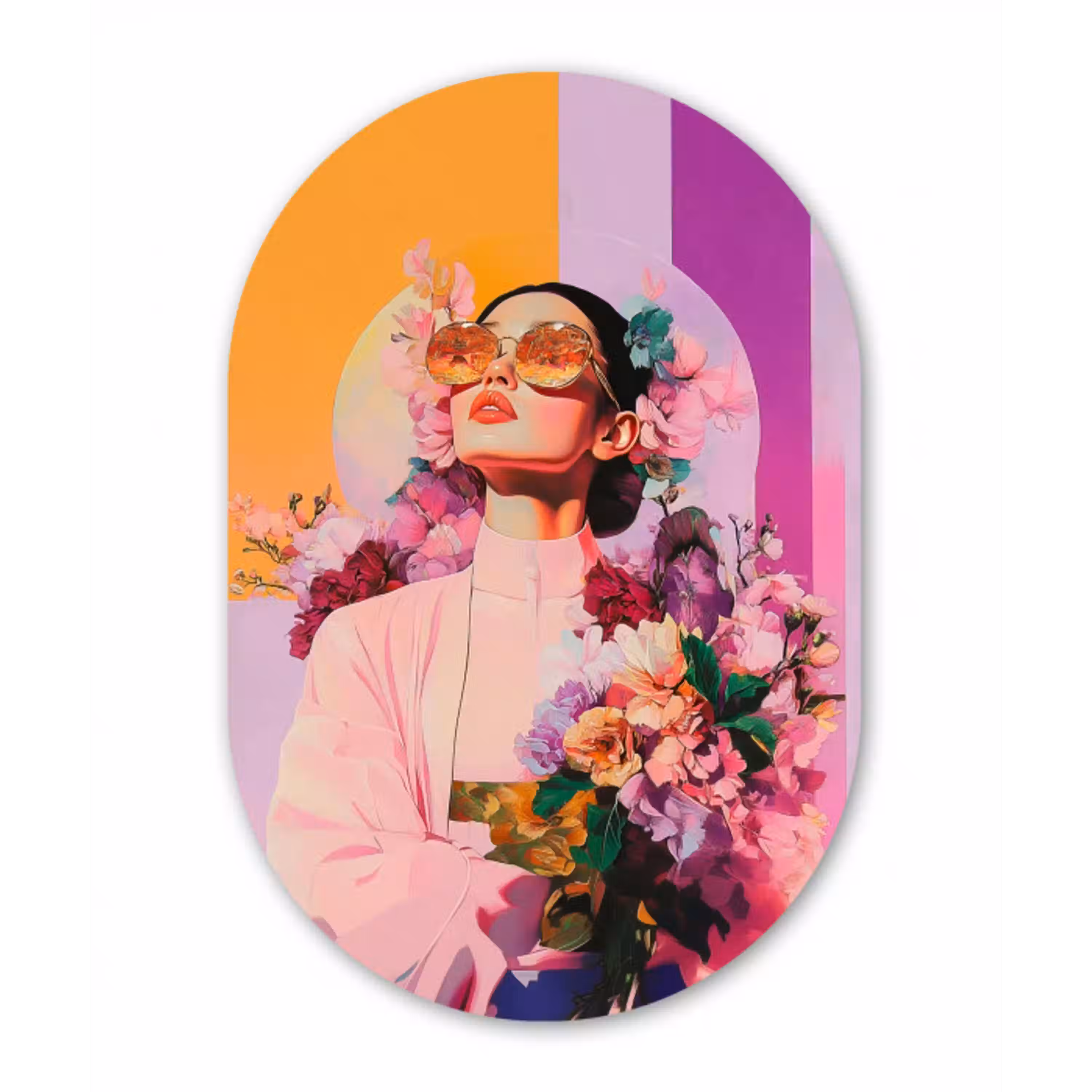 Portret - Vrouw - Abstract - Bloemen Wandcirkel Ovaal Glas middel -3d