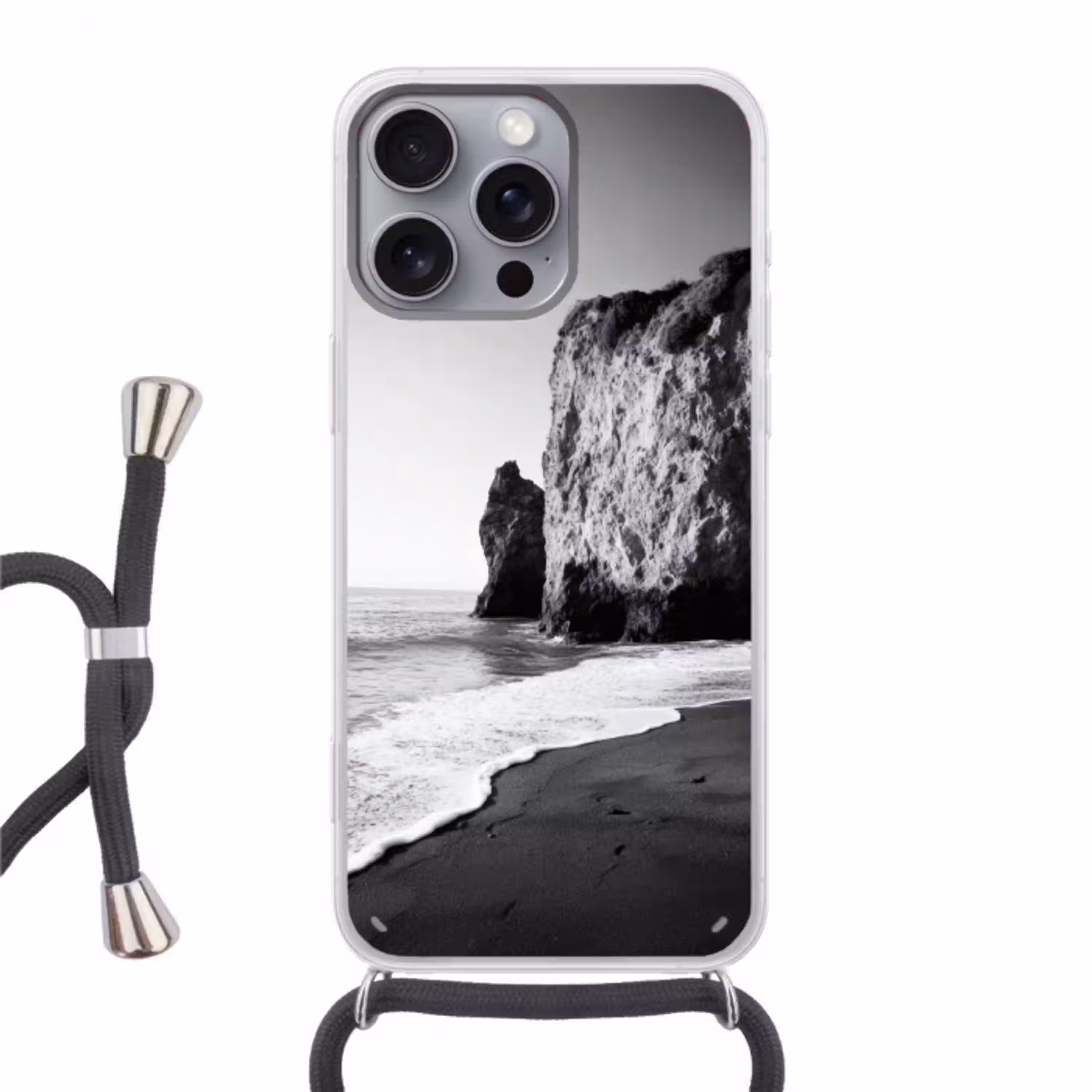 Strand - Klif - Golven - Voetstappen Hoesje iPhone 16 Pro Max met koord klein -3d