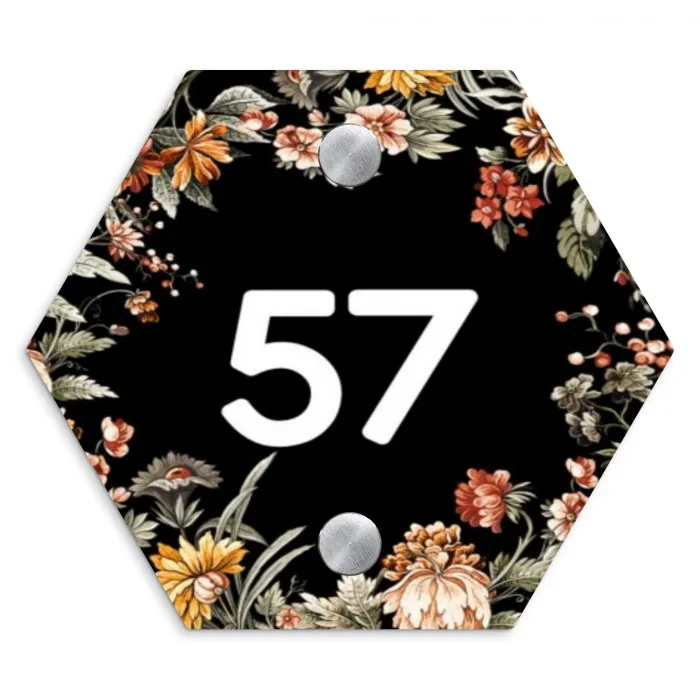 Bloemen - Zwart - Traditioneel Naambord Hexagon klein -3d