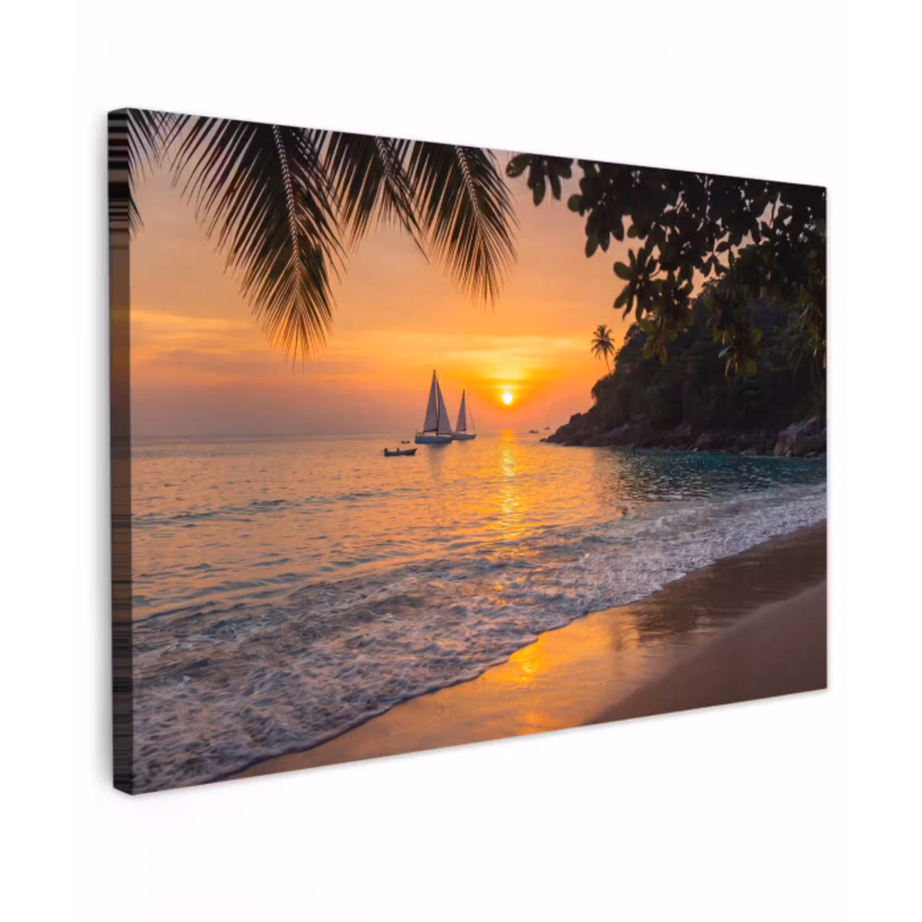 Zee - Zonsondergang - Boot - Natuur - Oranje Tuinposter op houten frame 2 cm dik klein -3d