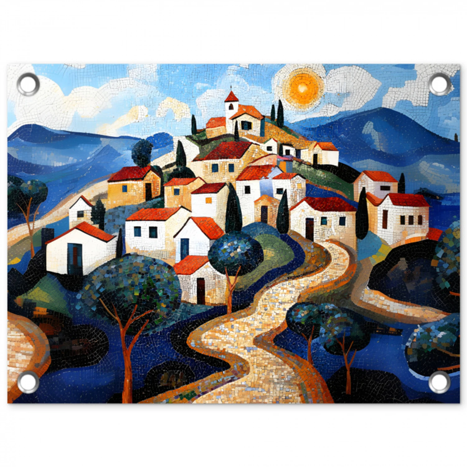 Dorp - Heuvelachtig - Zon - Mozaïek tuinposter los doek klein -3d