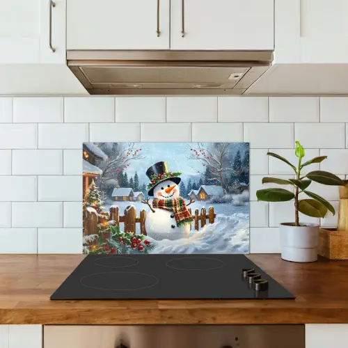 Sneeuwpop - Winterdorp - Kleurrijk keuken achterwand spatscherm klein -sfeer2