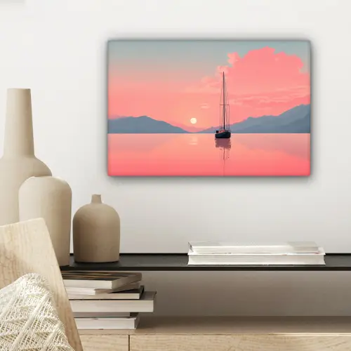 Zeilboot - Roze zee - Zonsondergang - Bergen canvas 2cm klein -sfeer6
