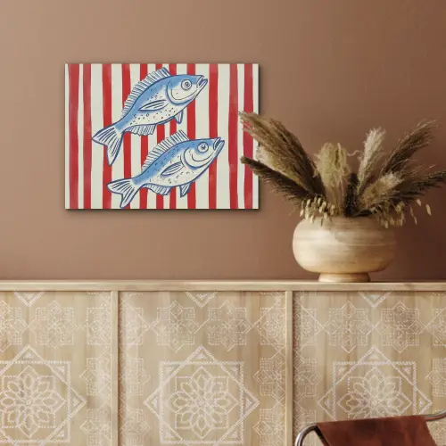 Vissen - Verticale strepen - Blauw - Rood PET vilt klein -sfeer4