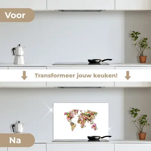 Wereldkaart - Bloemen - Felgekleurd keuken achterwand spatscherm klein -voor_na_NL
