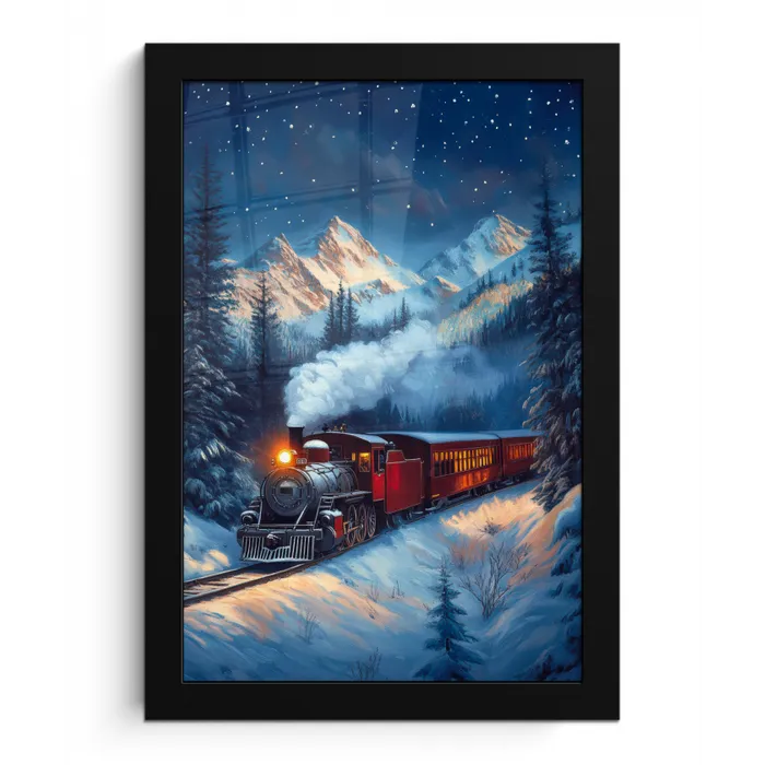 Trein - Kerst - Sneeuw - Kersttrein fotolijst zwart zonder passe partout klein -3d