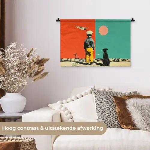 Retro - Jongen - Hond - Rood - Groen Wandkleed katoen klein -sfeer1