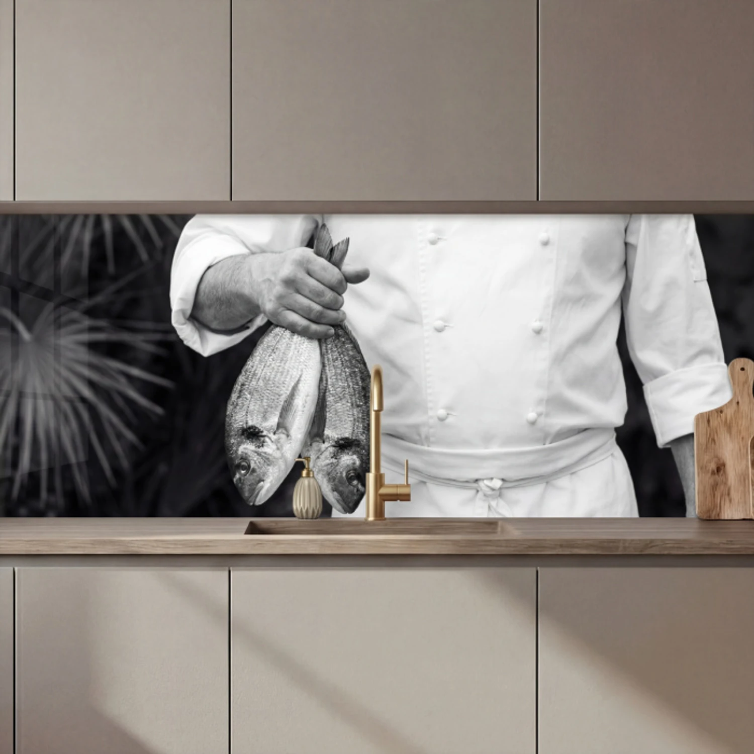 Vissen - Chef - Zwart - Wit keuken achterwand 2 middel zz_3dshopping