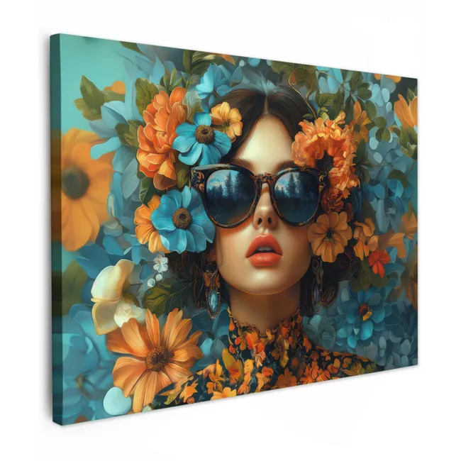 Leinwandbild - Frau - Blumen - Orange - Blau - Modern