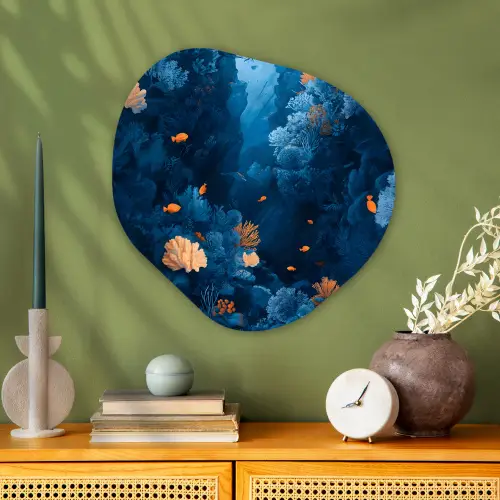 Koraalrif - Vissen - Oceaan - Blauw Wandcirkel Organisch Aluminium middel -sfeer2