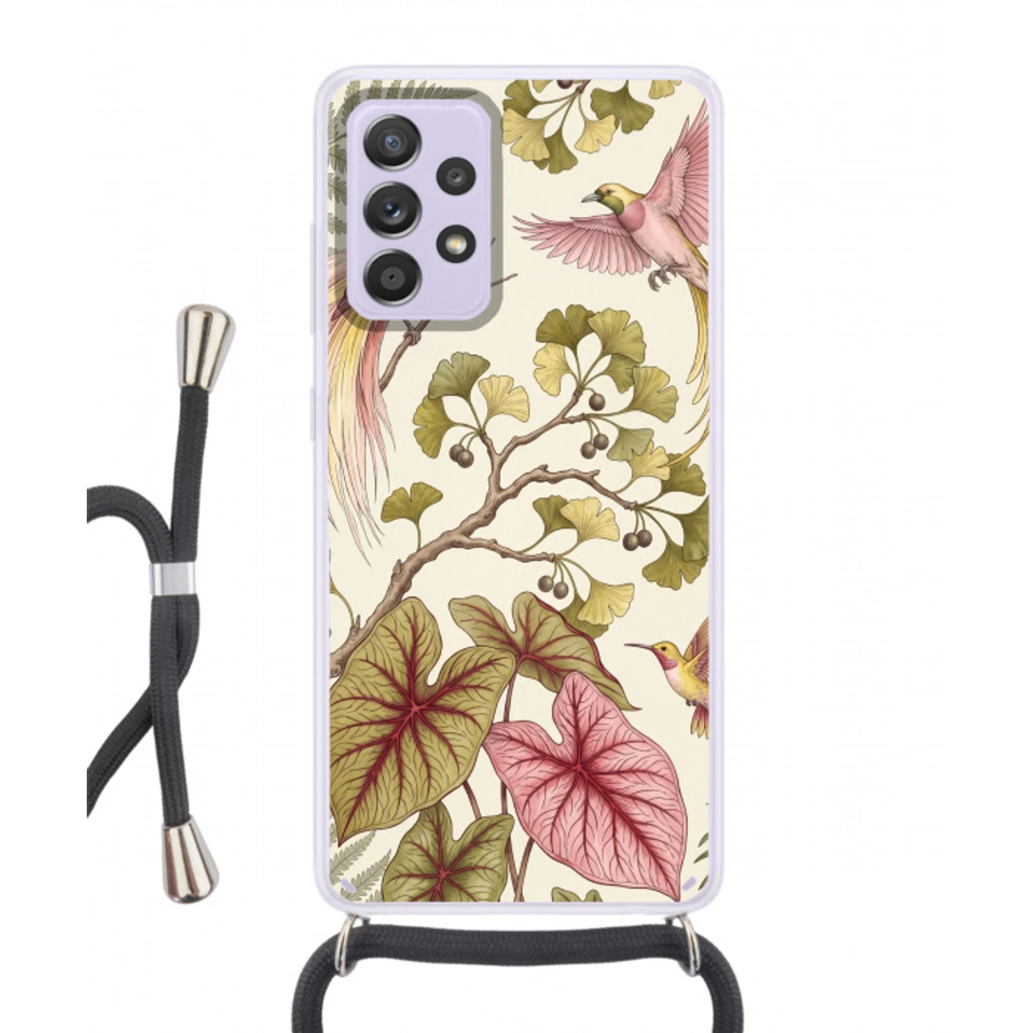 Vogels - Tropisch - Botanisch - Roze Hoesje Samsung Galaxy A52 5G met koord klein -3d