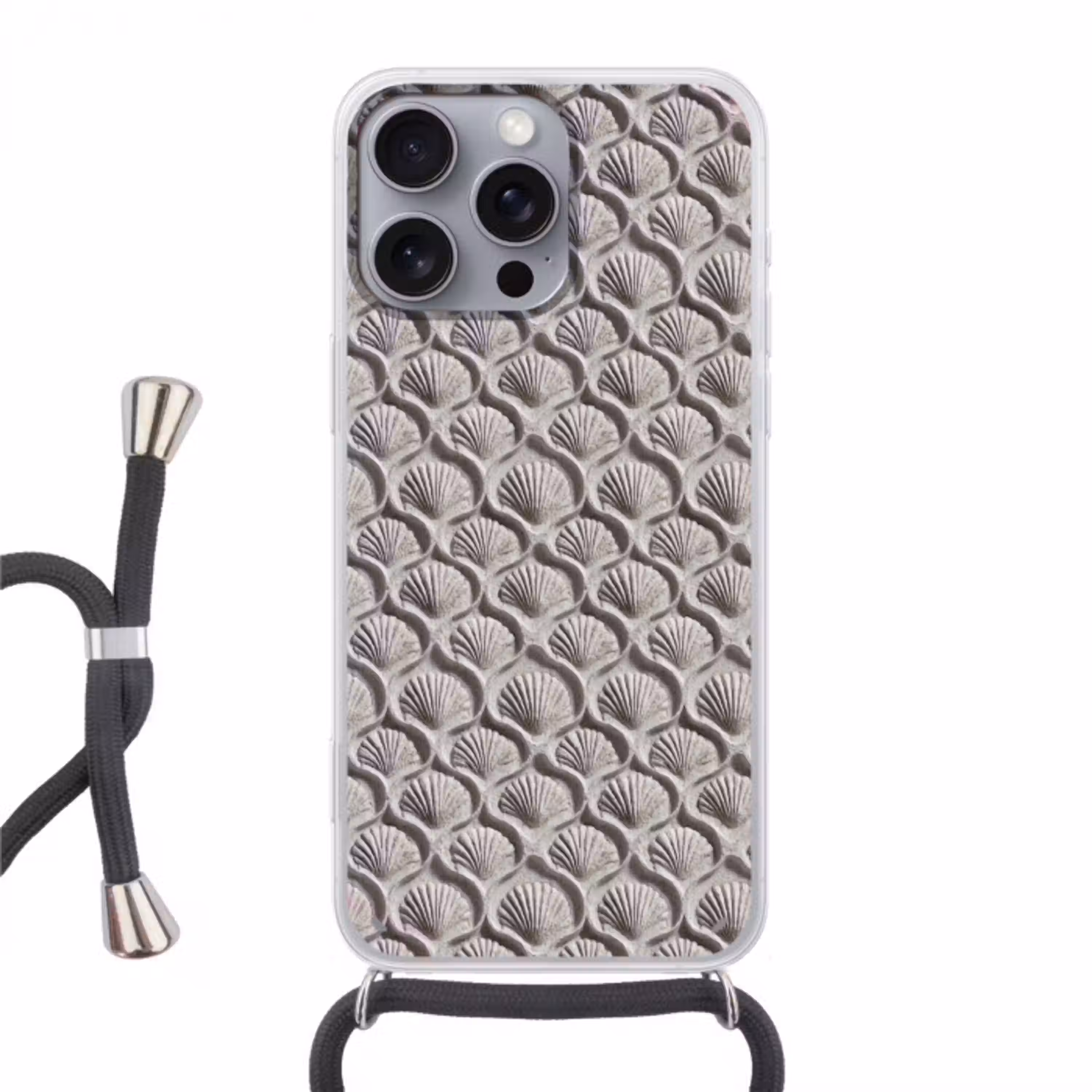 Zand - Schelpenvorm - Grijs Hoesje iPhone 16 Pro Max met koord klein 804 -3d