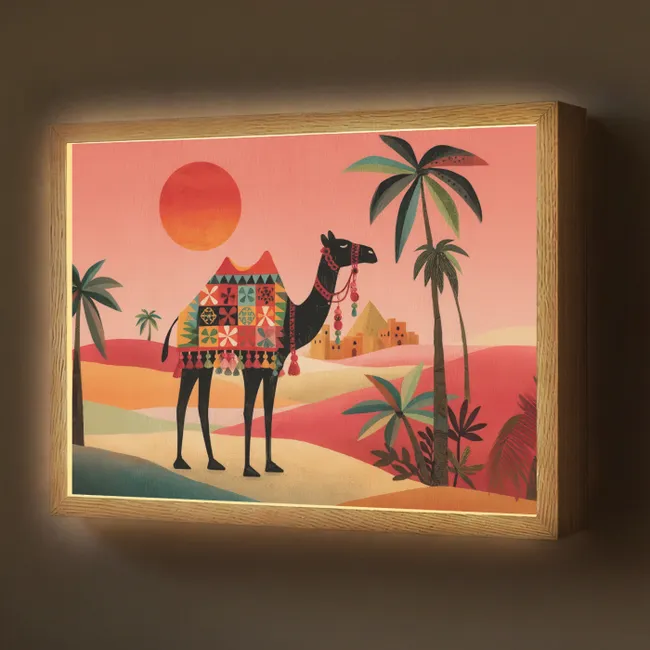 Lightbox - Wandlamp - Kameel - Gekleurd tapijt - Duinen - Rode zon