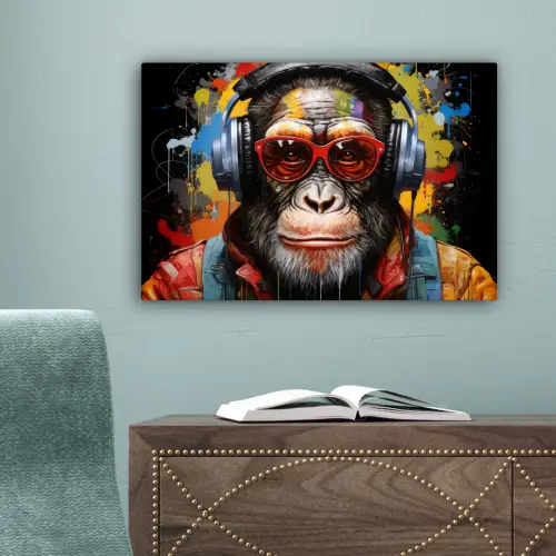Chimpansee - Aap - dieren - Graffiti - Bril - Koptelefoon - Kleuren canvas 2cm klein -sfeer4