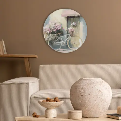 Fiets - Pastelkleuren - Bloemen Akoestische PET Vilt - Rond klein -sfeer1