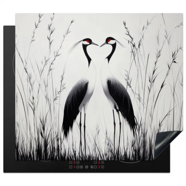 Kraanvogels - Gras - Hartvorm - Zwart Inductie beschermer vinyl 3mm middel -3d