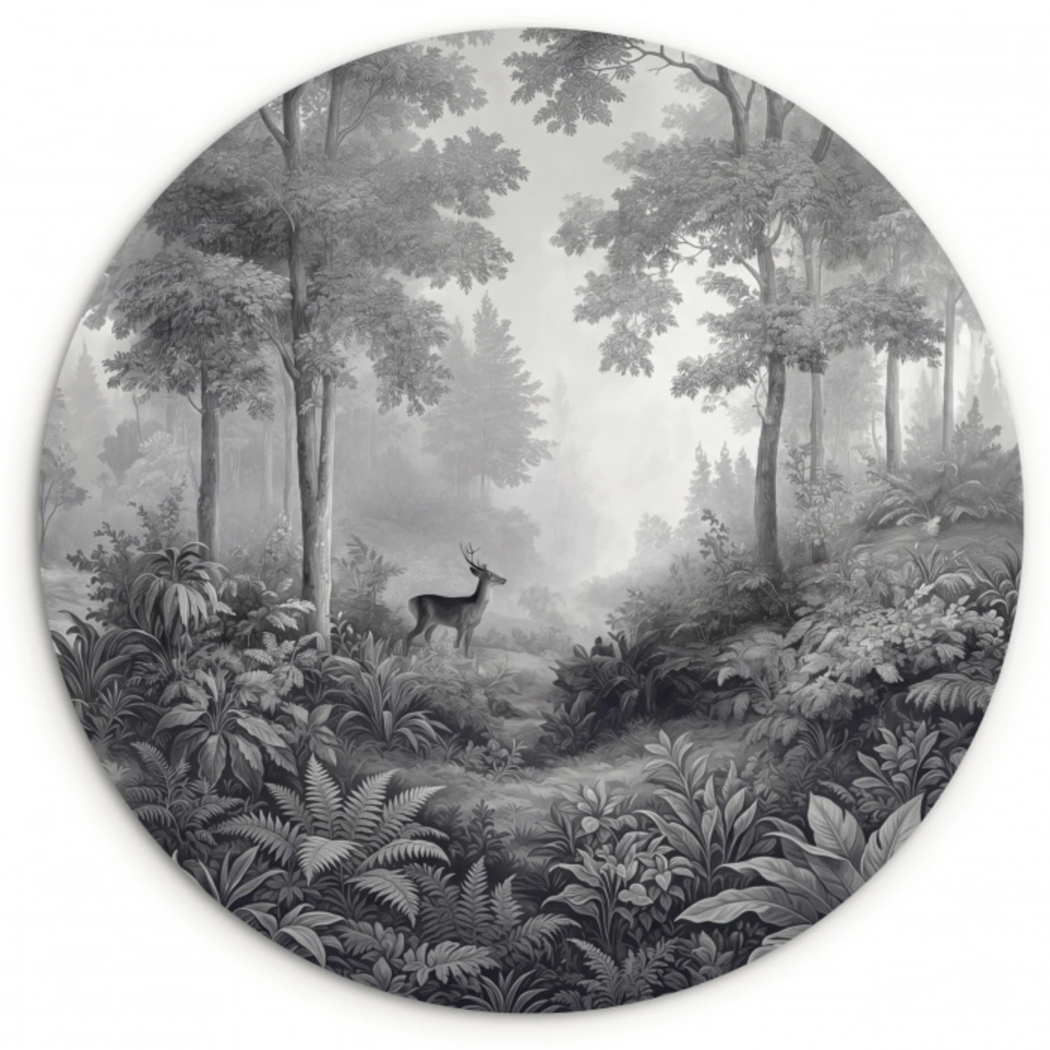 Bos - Hert - Zwart - Wit Wandcirkel kunststof plaat 5mm dik klein -3d