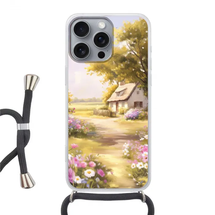 Huisje - Hout - Bloemen Hoesje iPhone 16 Pro Max met koord klein -3d